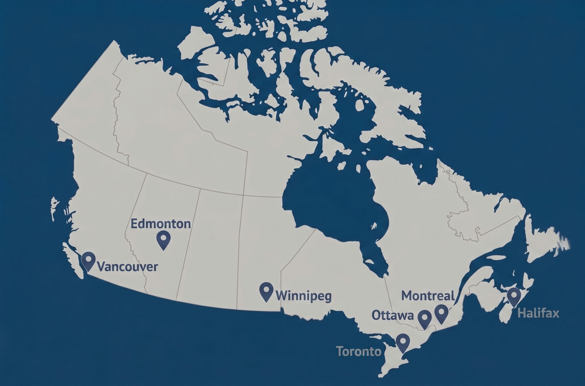 Canada map showing Popshap availability in Toronto, Ottawa, Montreal, Halifax, Edmonton, Winnipeg, and Vancouver